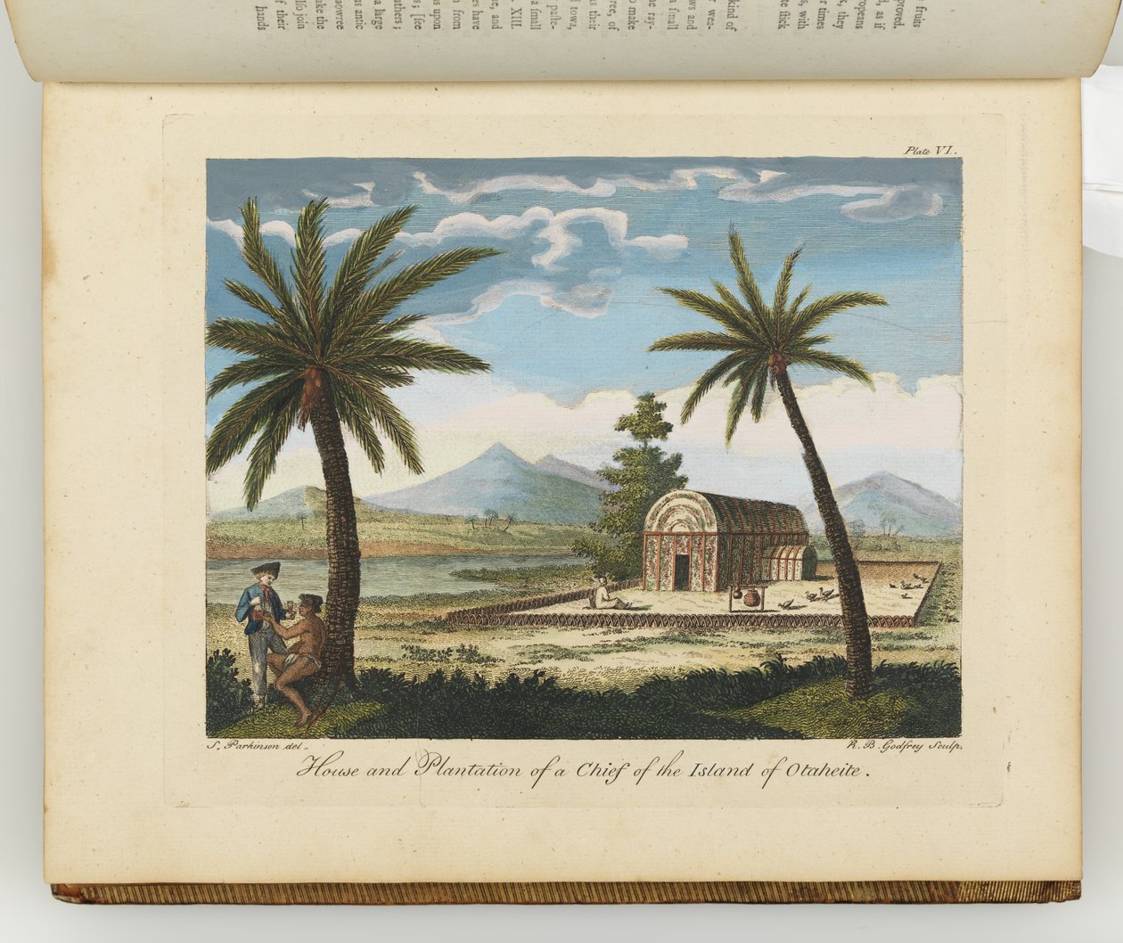 Casa e plantação de um chefe da ilha de Otaheite, ilustração de "Um diário de uma viagem aos Mares do Sul: no navio de Sua Majestade, o Endeavour", 1794 de Sydney Parkinson