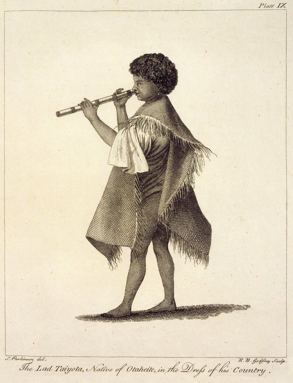 O Lad Taiyota, nativo de Otaheite, no vestido de seu país, gravado por RB Godfrey, placa 9 de &39;Jornal de uma viagem para os mares do Sul&39;, pub. 1823 de Sydney Parkinson