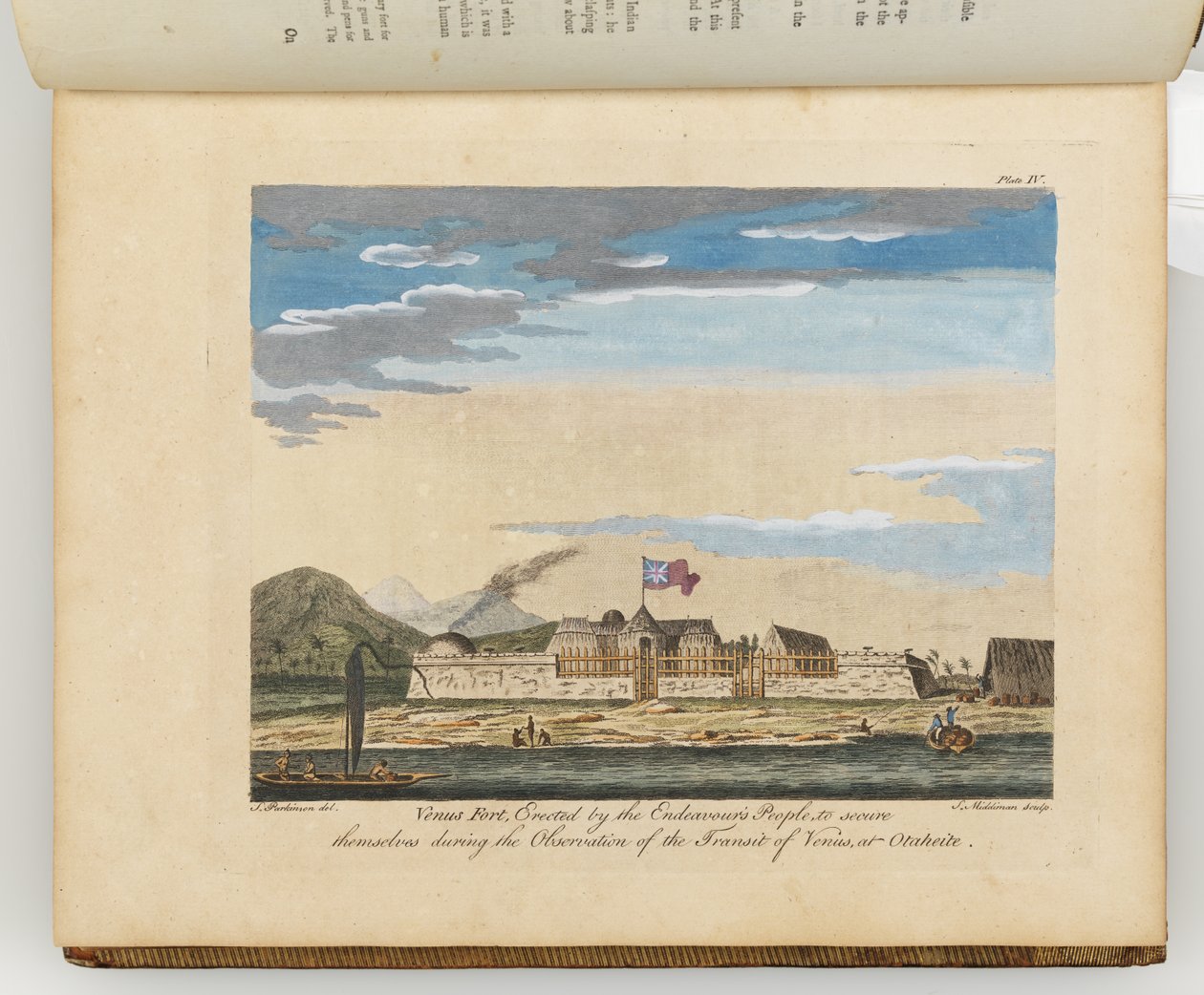 Forte de Vênus, ilustração de "Um diário de uma viagem aos mares do sul: na nave de Sua Majestade, o Endeavour", 1794 de Sydney Parkinson