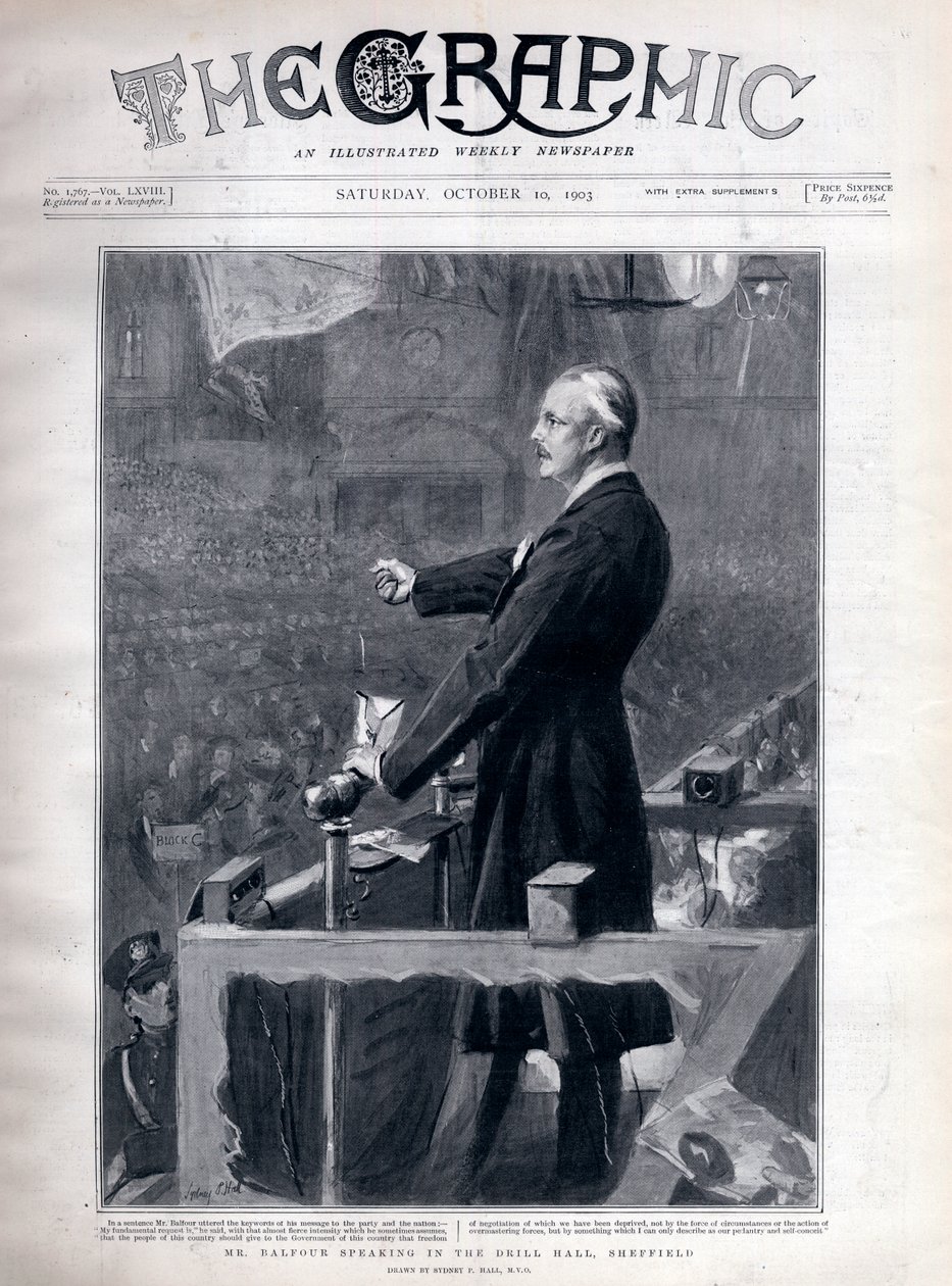 Arthur James Balfour (1848-1930) Político e estadista britânico falando no salão de treinamento, Sheffield. de Sydney Prior Hall