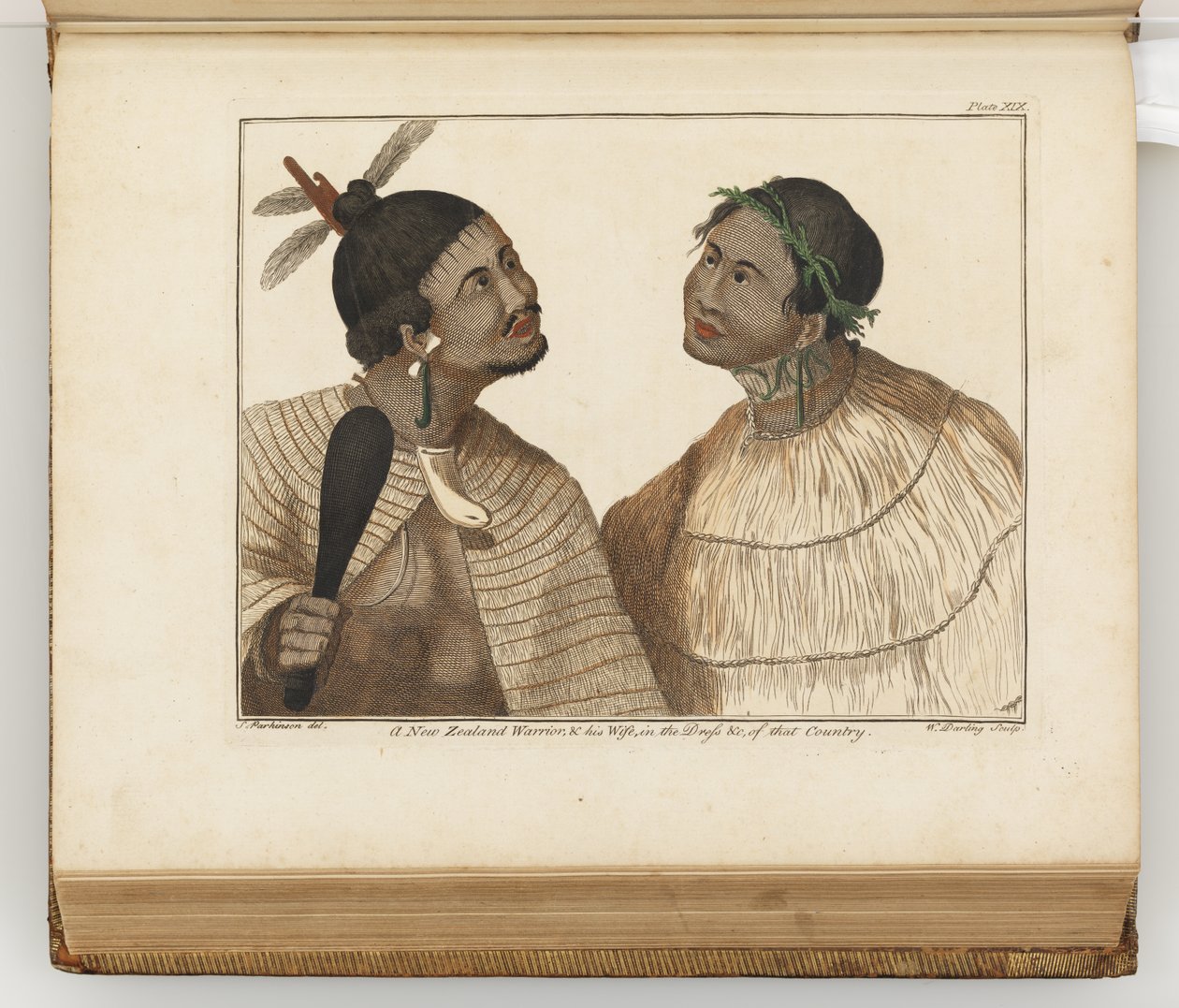 Um guerreiro da Nova Zelândia e sua esposa, ilustração de um diário de uma viagem para os mares do Sul: em seu navio Majestys, o Endeavour, 1794 (gravura colorida à mão) de Sydney