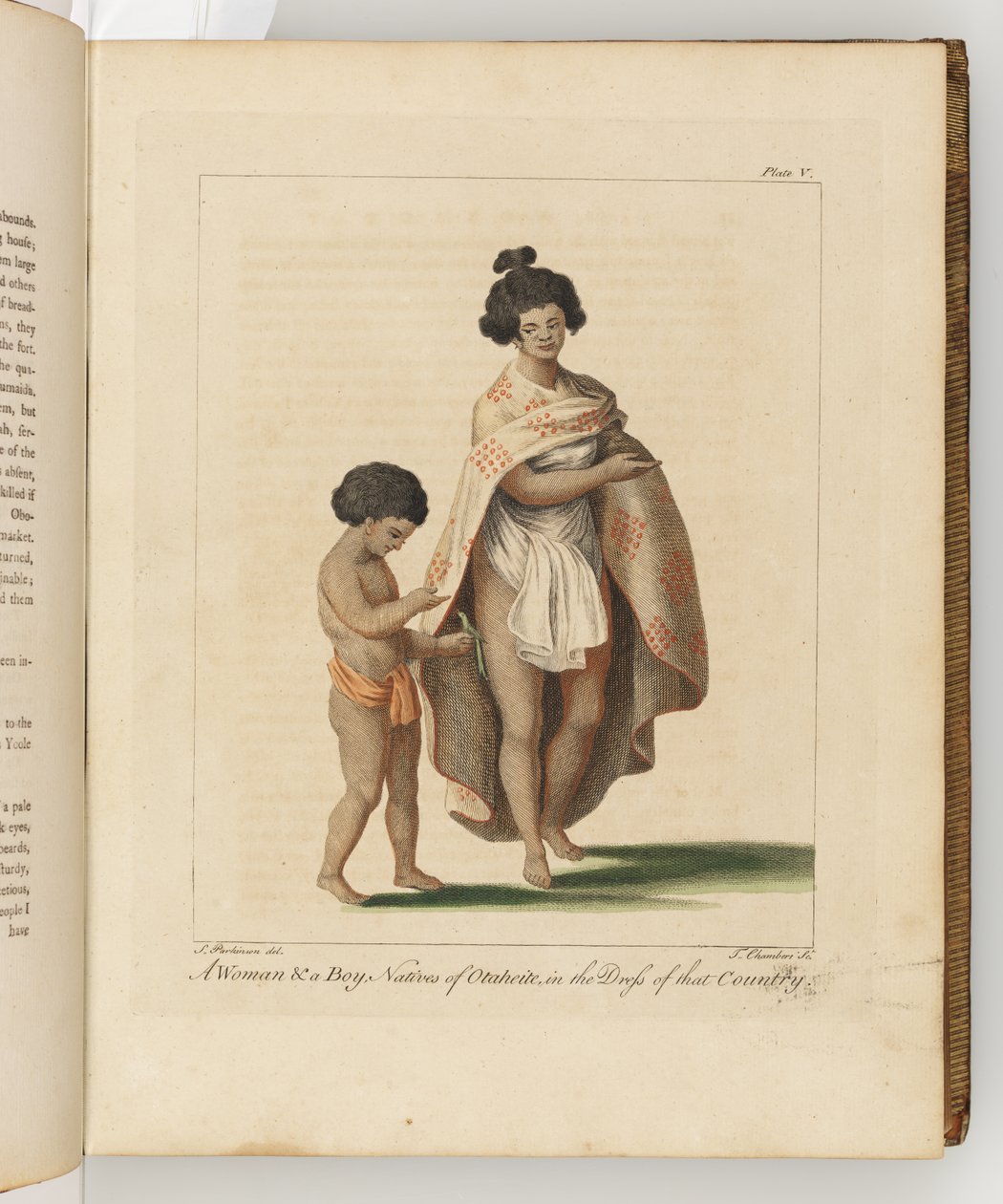 Uma mulher e um menino, nativos de Otaheite, ilustração de Um diário de uma viagem para os mares do Sul: em seu navio Majestys, o Endeavour, 1794 (gravura colorida à mão) de Sydney
