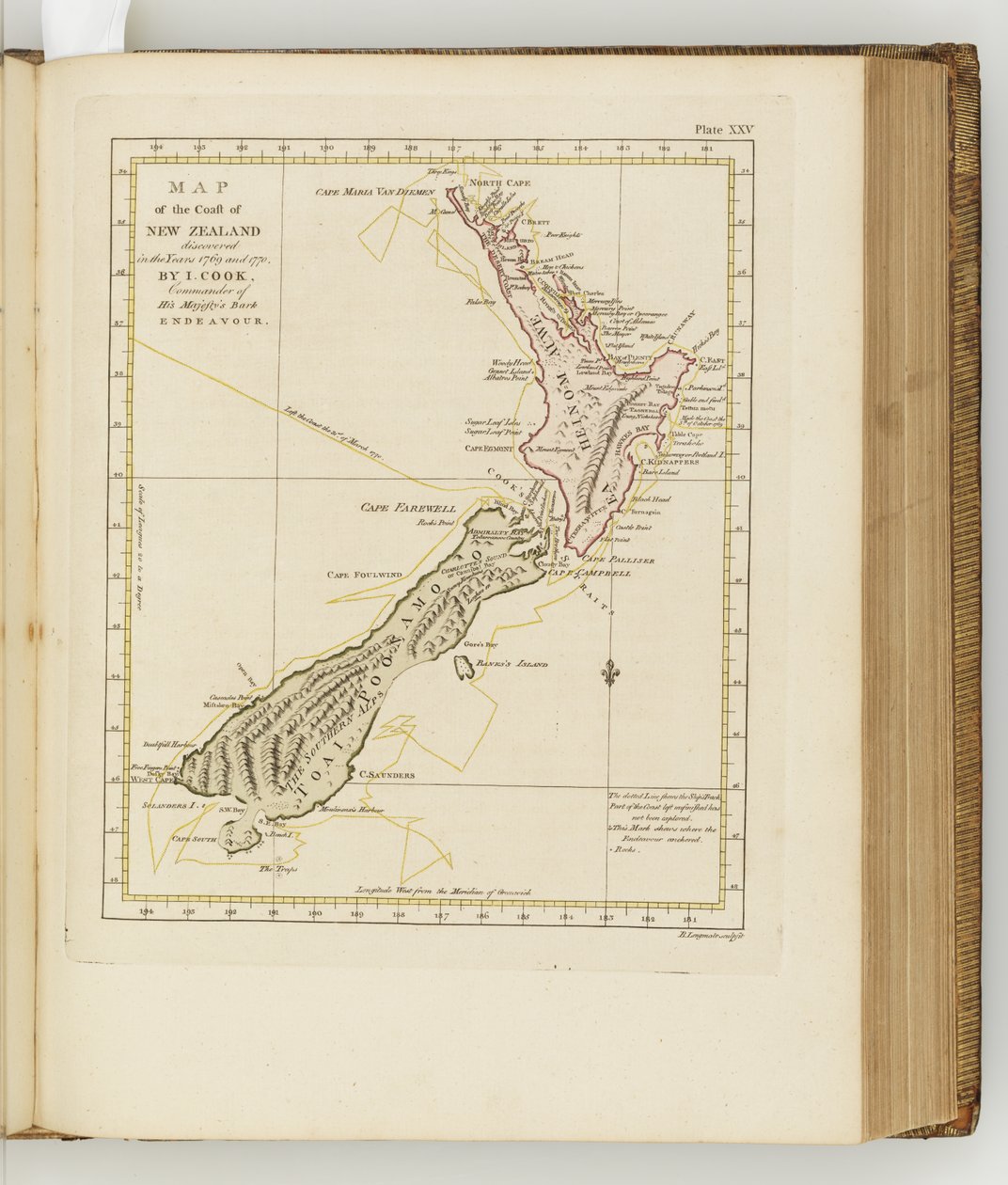 Mapa da costa da Nova Zelândia, ilustração de um diário de uma viagem para os mares do Sul: na nave de Sua Majestade, o Endeavour, 1794 (gravura colorida à mão) de Sydney