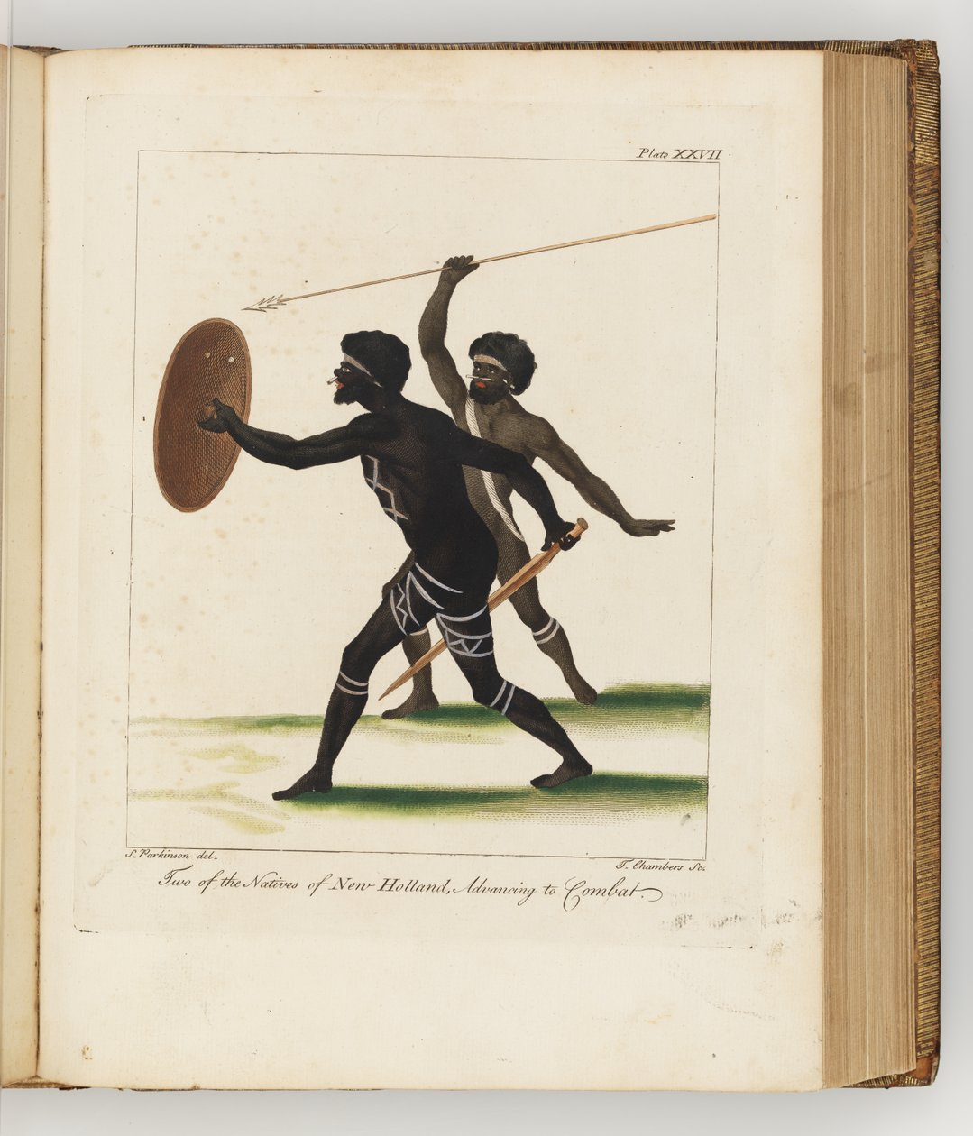 Dois dos nativos da Nova Holanda, ilustração de um diário de uma viagem para os mares do Sul: em seu navio Majestys, o Endeavour, 1794 (gravura colorida à mão) de Sydney