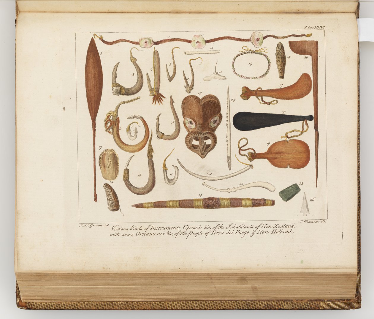 Vários tipos de instrumentos, utensílios & c dos habitantes da Nova Zelândia, ilustração de Uma revista de uma viagem para os Mares do Sul: na nave de Sua Majestade, o Endeavour, 1794 (gravura colorida à mão de Sydney