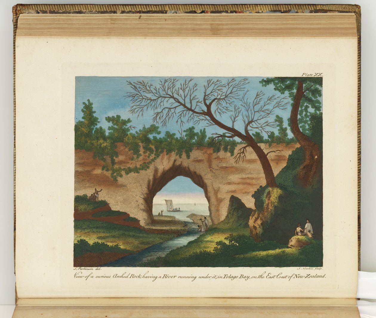 Vista de uma curiosa rocha em arco, tendo um rio correndo sob ele, Tolago Bay, na costa leste da Nova Zelândia, ilustração de um diário de uma viagem para os mares do Sul: em seu navio de Majestys, o Ende de Sydney