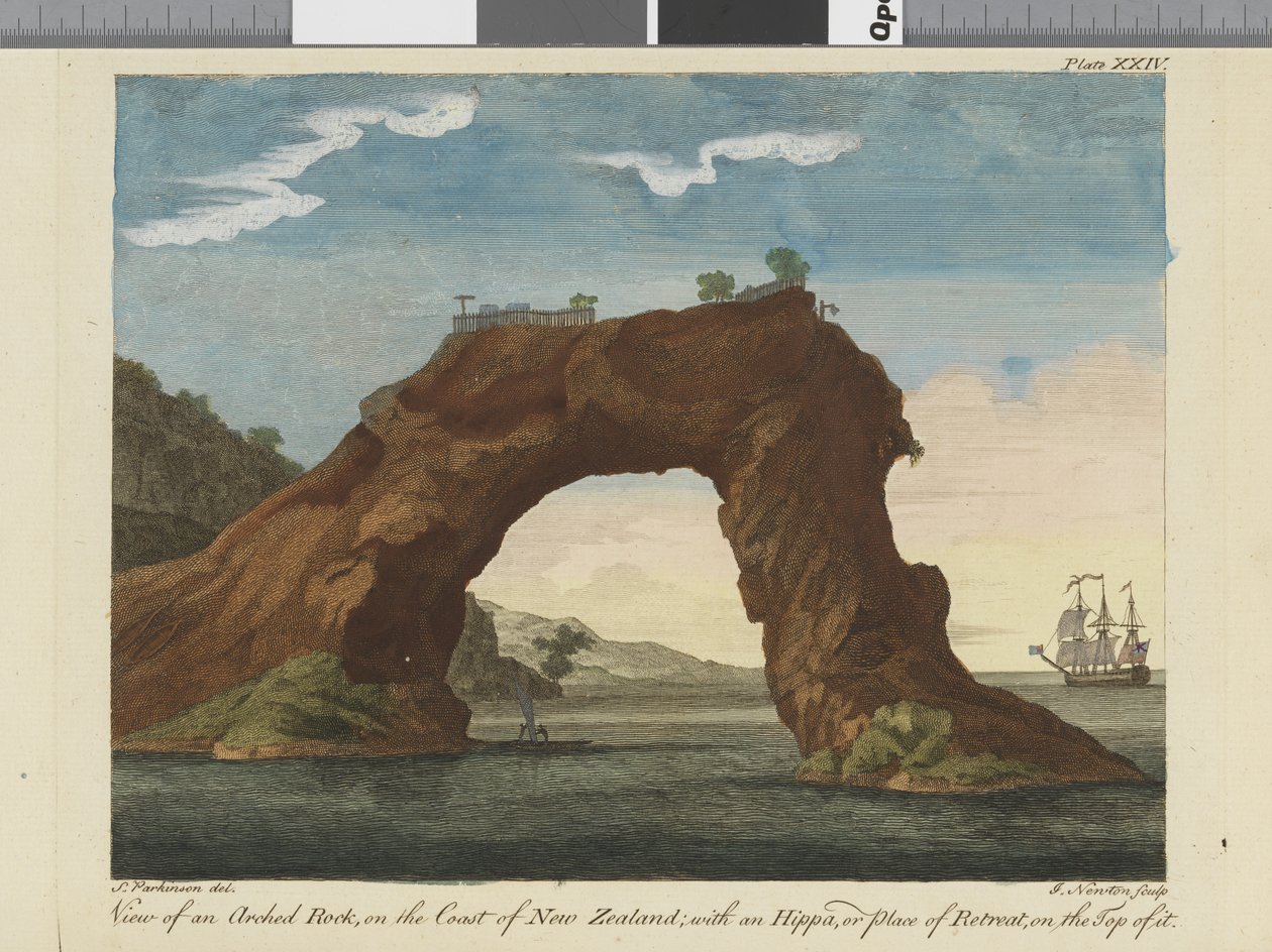 Vista de uma rocha em arco, ilustração de um diário de uma viagem para os mares do Sul: na nave de sua Majestade, o Endeavour, 1794 (gravura colorida à mão) de Sydney