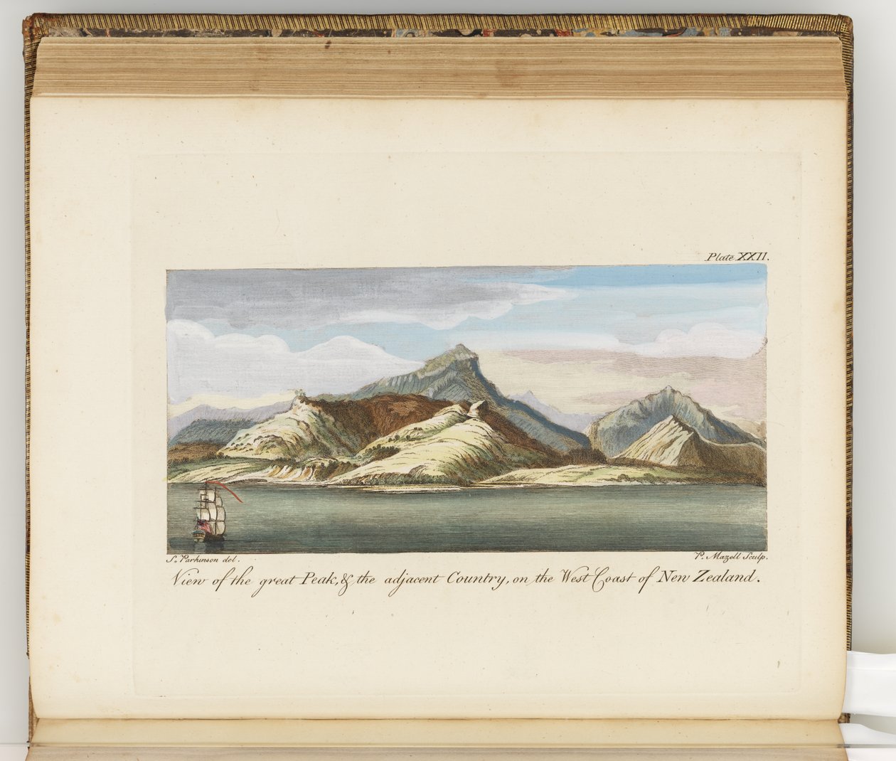 Vista do Grande Pico, ilustração de Um diário de uma viagem para os Mares do Sul: em Sua Majestade o navio, o Endeavour, 1794 (gravura colorida à mão) de Sydney