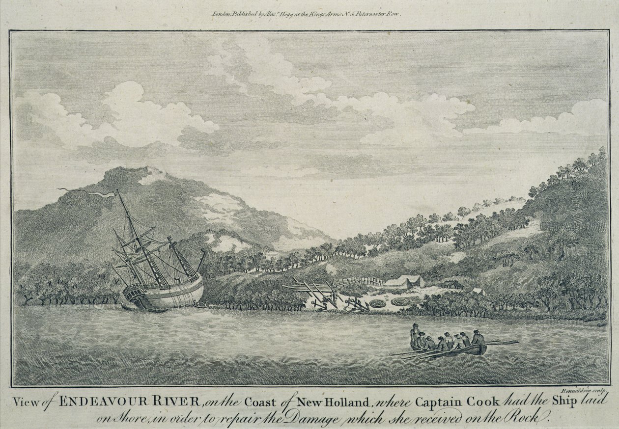 O Capitão Cook, tendo naufragado na sua viagem à volta do mundo, reparou o Endeavour num porto de uma das Ilhas Hope, c.1786 (gravura) de Sydney (after) Parkinson