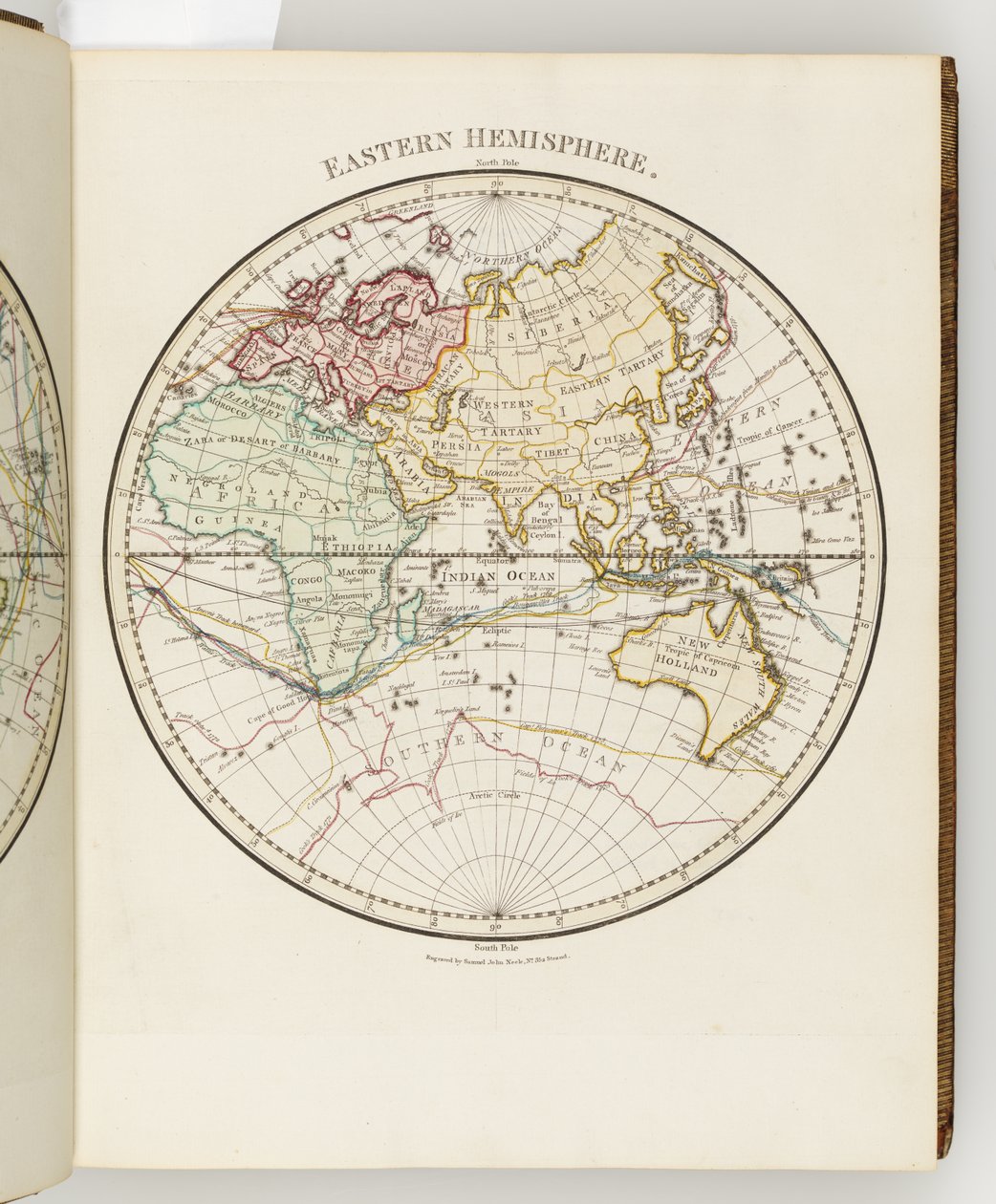 Mapa do hemisfério oriental, ilustração do "Diário de uma viagem aos mares do Sul: no navio de Sua Majestade, o Endeavour". de Sydney (after) Parkinson