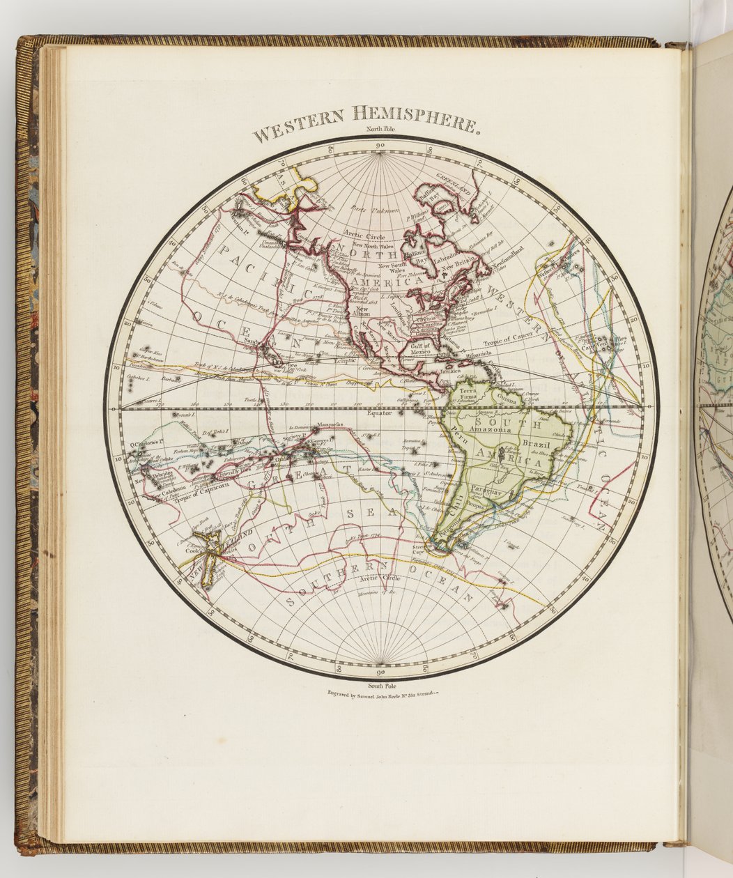 Mapa do hemisfério ocidental, ilustração do "Diário de uma viagem aos mares do Sul: no navio de Sua Majestade, o Endeavour". de Sydney (after) Parkinson