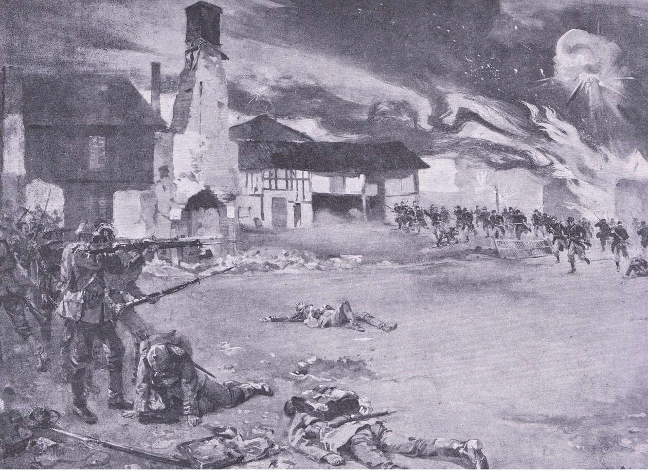 Combate de rua na fronteira franco-alemã: Um ataque francês à guarda prussiana, da História da Grande Guerra Vol. 3, publicada pela Waverley Book Co Limited, c.1920 de Sydney Adamson