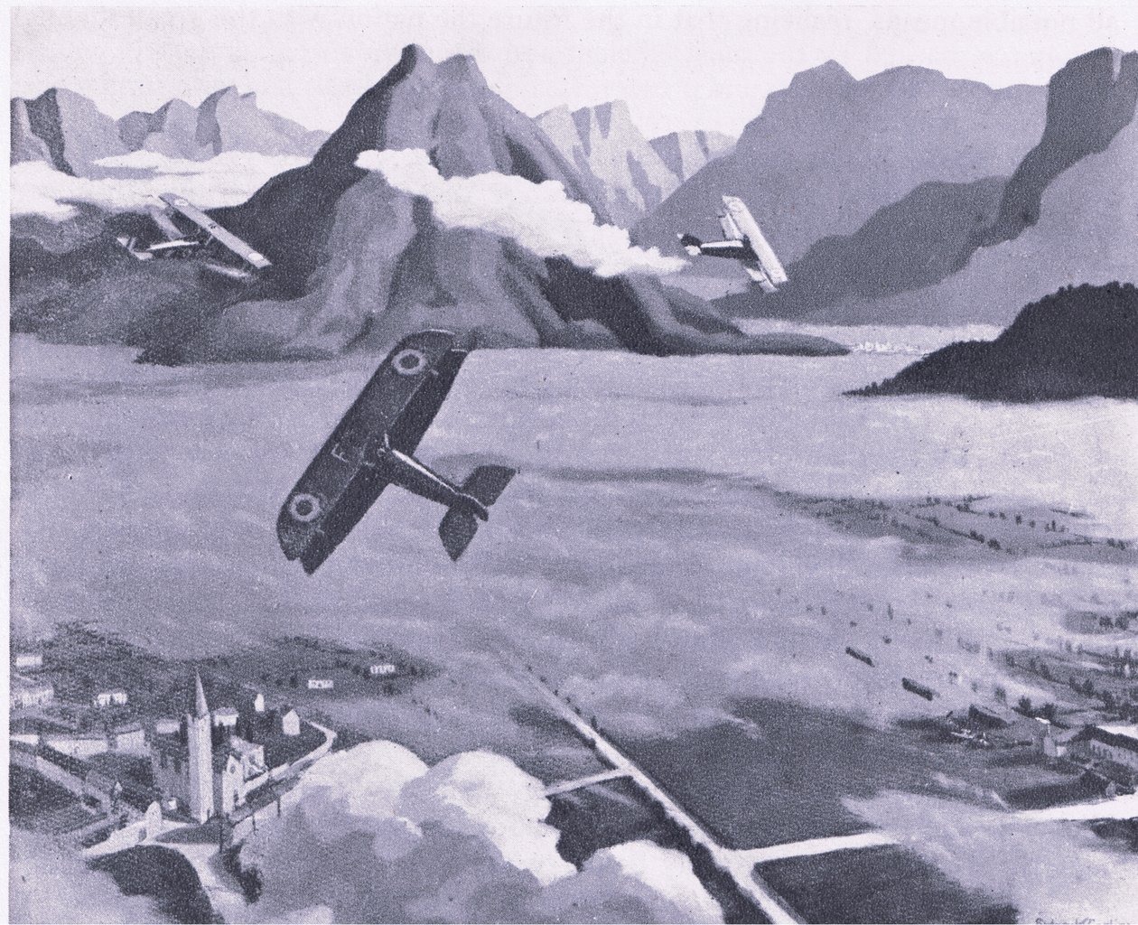 Escoteiros britânicos deixando seu aeródromo em patrulha sobre Asiago Plateau, na Itália, da British Adventure, publicado por Collins, 1947 de Sydney Carline