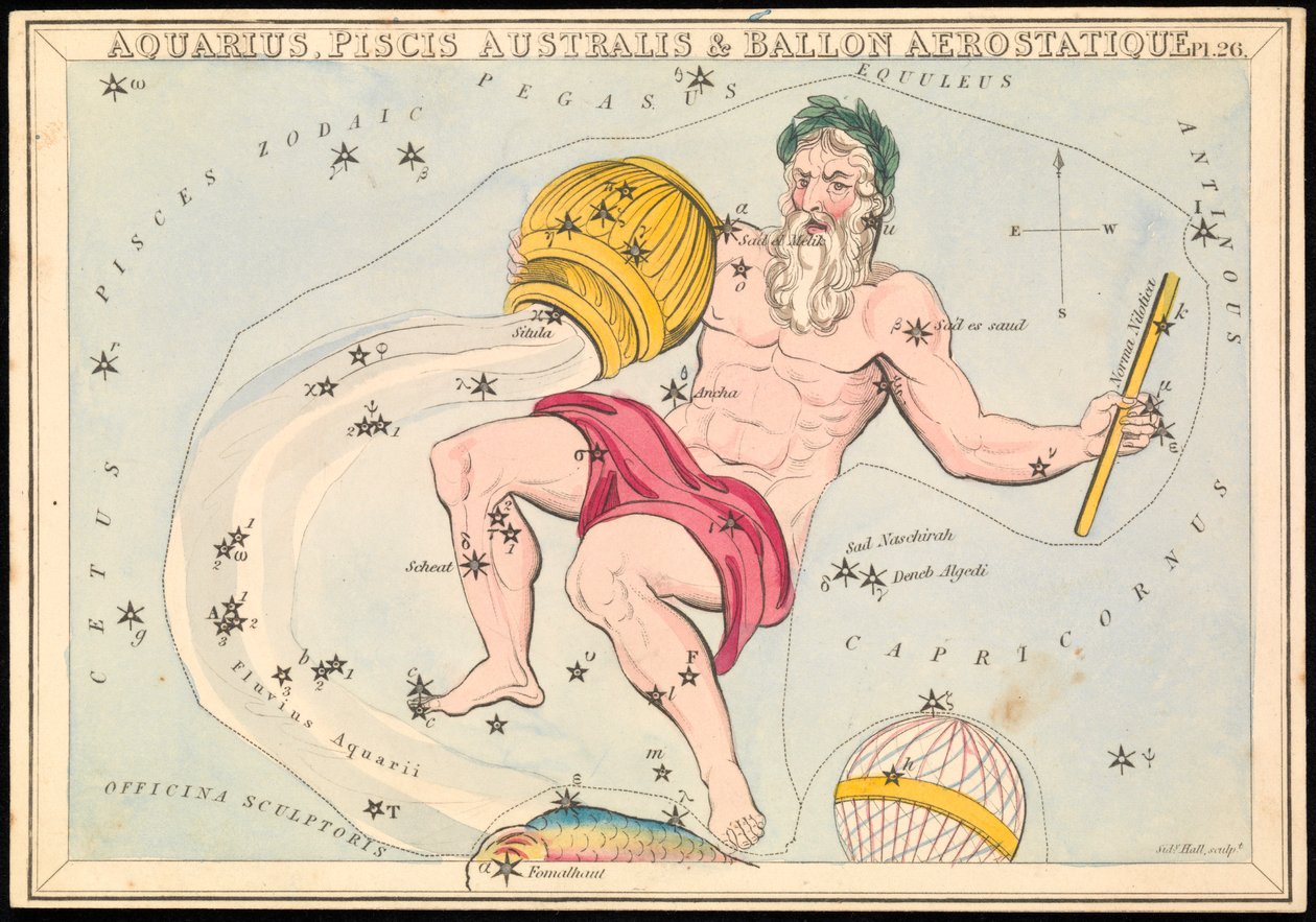 Aquarius, Pisces Australis e Ballon Aerostatique, c.1825 (cartão, papel, tecido) de Sydney Hall