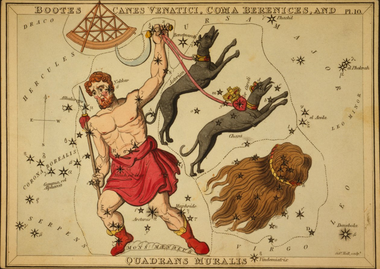 Bootes Canes Venatici, Coma Berenices e Quadrans Muralis, ilustração de 