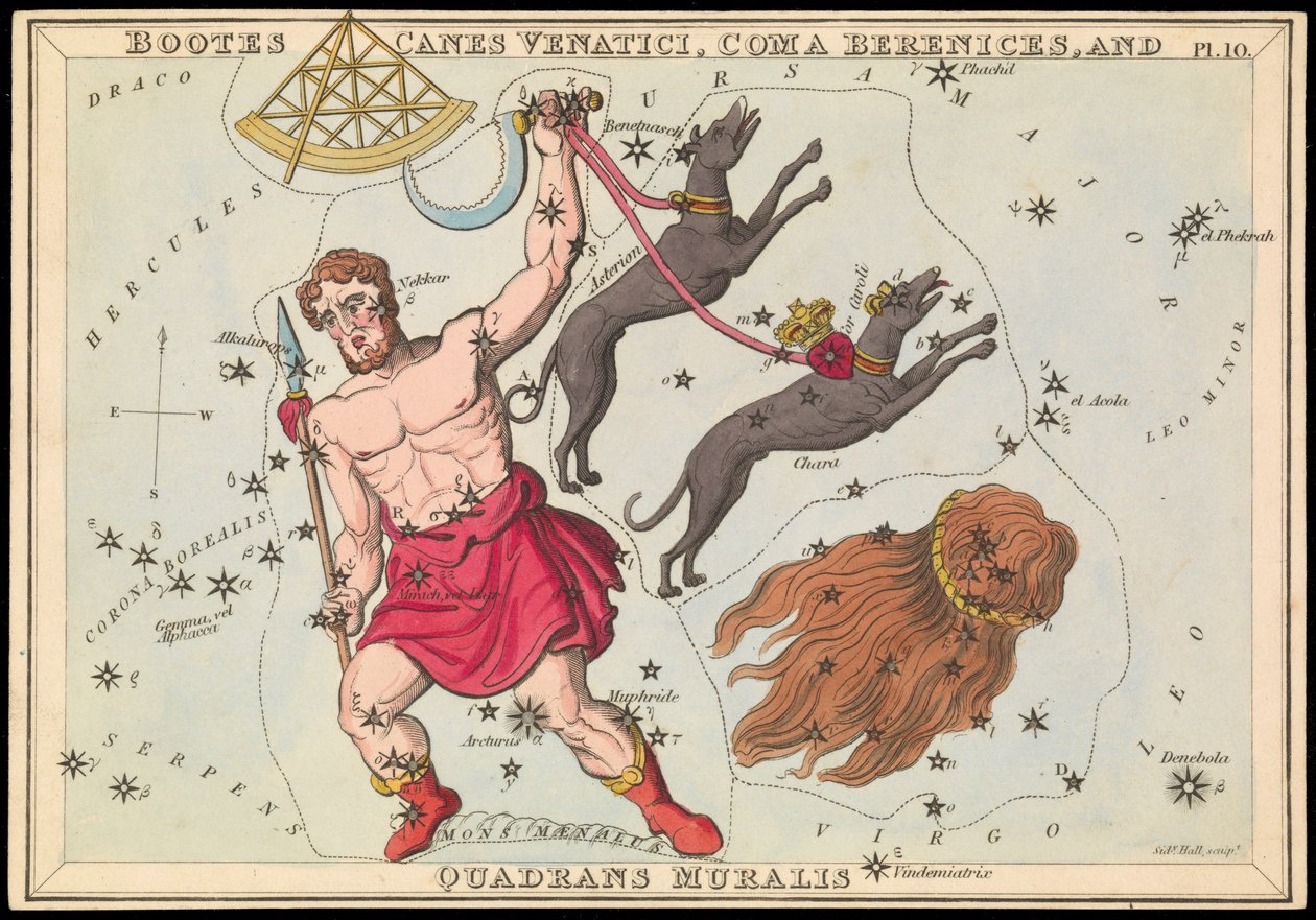 Bootes Canes Venatici, Coma Berenices e Quadrans Muralis, c.1825 (cartão, papel, tecido) de Sydney Hall