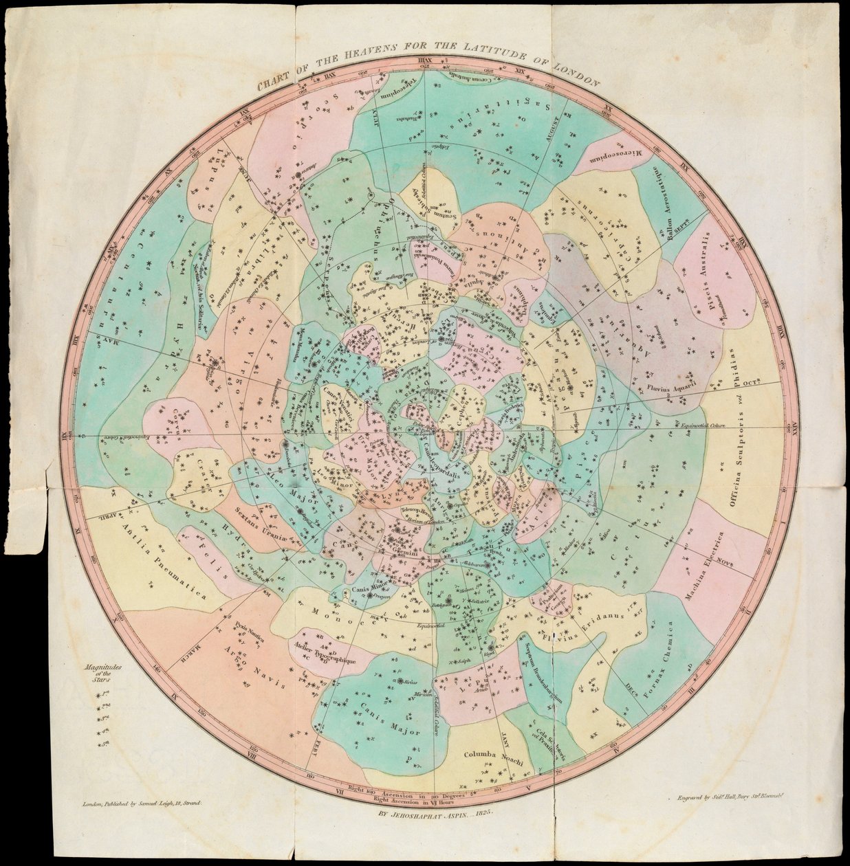 Carta dos Céus para a Latitude de Londres, Espelho de Urânia ou uma Vista dos Céus, c.1825 (cartão, papel, tecido, gravura) de Sydney Hall