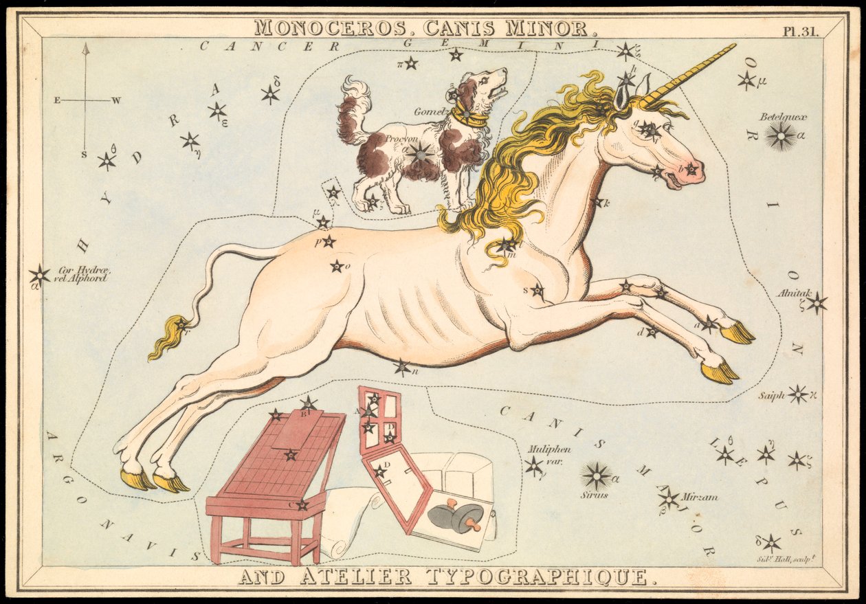 Monoceros, Canis Minor e Atelier Typographique, c.1825 (cartão, papel, tecido) de Sydney Hall