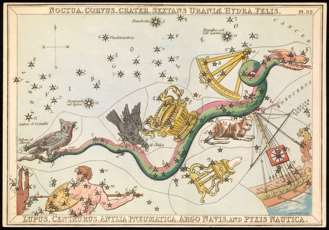 Noctua, Corvus, Cratera, Sextans Uraniae, Hydra, Felis, Lupus, Centaurus, Antilia Pnuematica, Argo Navis e Pysix Nautica, c.1825 (cartão, papel, tecido) de Sydney Hall