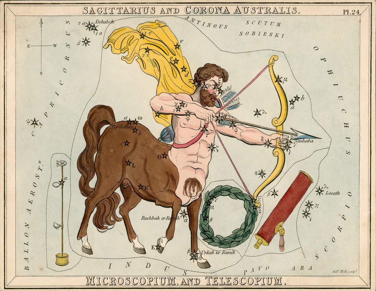Sagitário e Corona Australis. Microscopium e Telescopium, c.1825 (cartão, papel, tecido) de Sydney Hall