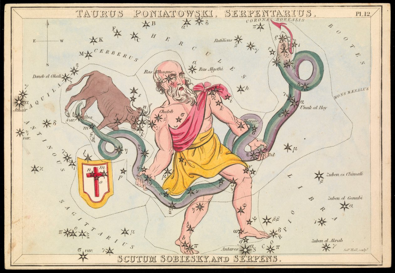 Taurus Poniatowski, Serpentarius, Scutum Sobiesky e Serpens, c.1825 (cartão, papel, tecido) de Sydney Hall