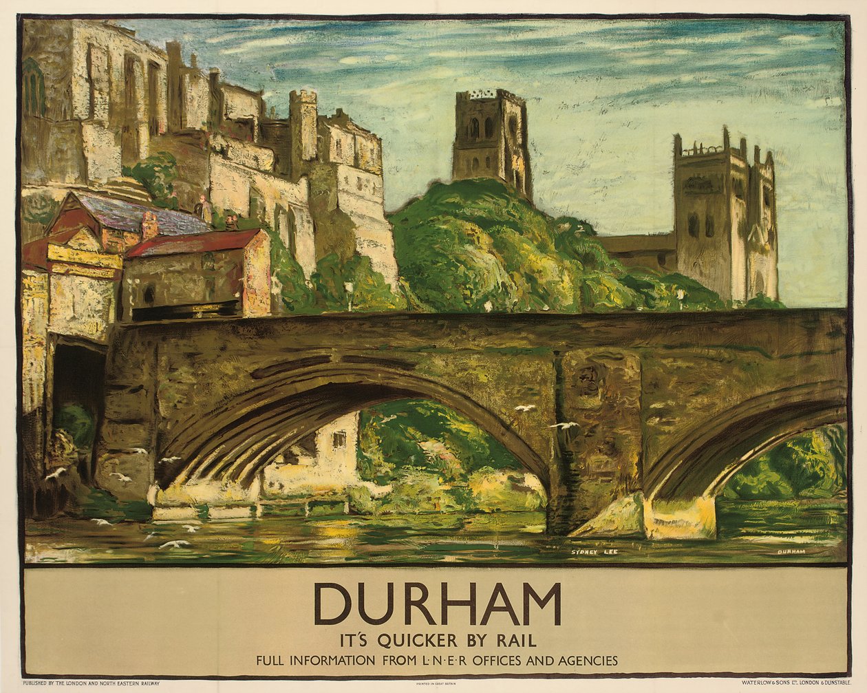 Um cartaz dos Caminhos de Ferro britânicos a anunciar Durham, c.1935 (litografia a cores) de Sydney Lee