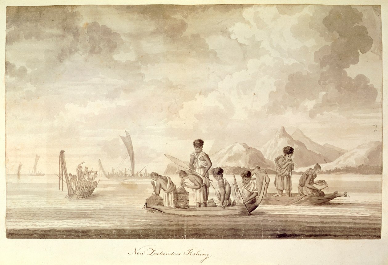 Add.23920, f.44 New Zealanders fishing, Janeiro 1770 de Sydney Parkinson