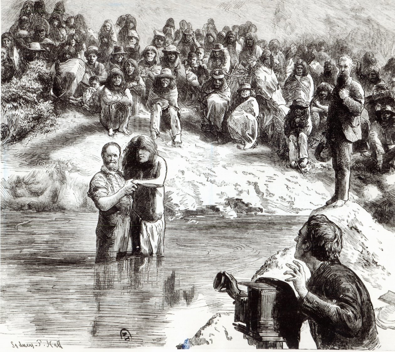 Um batismo de índios norte-americanos - mórmons posando como apóstolos de Cristo, 1892 de Sydney Prior Hall