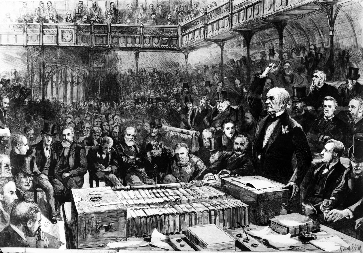 Debate da Regra Home na Câmara dos Comuns - Peroration de Gladstone, ilustração de &39;The Graphic&39;, 1886 de Sydney Prior Hall