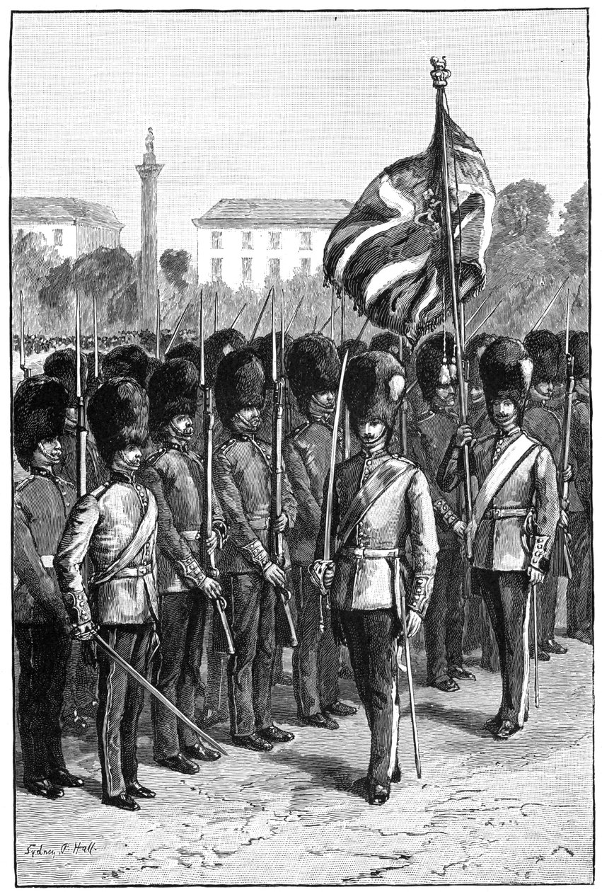 Trooping the Color no aniversário das rainhas, St Jamess Park, Londres, 1900 de Sydney Prior Hall