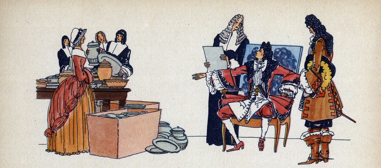 Luís XIV mandou lançar seus talheres de ouro - Ilustração de Sylvain Sauvage (1888-1948) para o livro “Louis XIV” de Frantz Funck-Brentano (1862-1947) de 1938. Cuidado! O uso deste trabalho pode ser subjec de Sylvain Sauvage