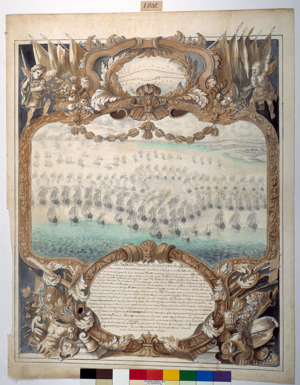 Batalha Naval dada perto de Agouste, 22 de Abril de 1676 (tinta preta e caneta cartográfica com aguarela sobre papel) de Sylvain Bonnet