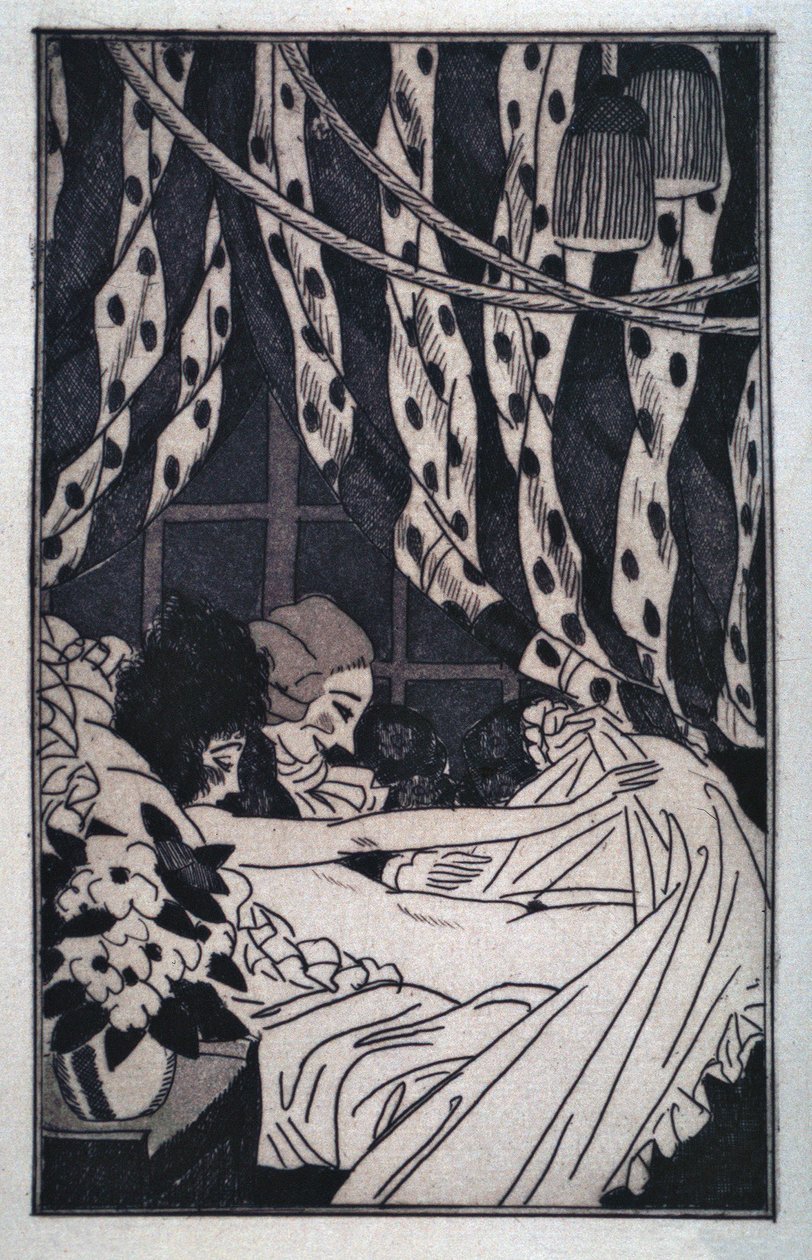 Erotismo: Giacomo Casanova (1725-1798) levanta as folhas para contemplar a sua amante nua, no início do século XX (gravura) de Sylvain Sauvage