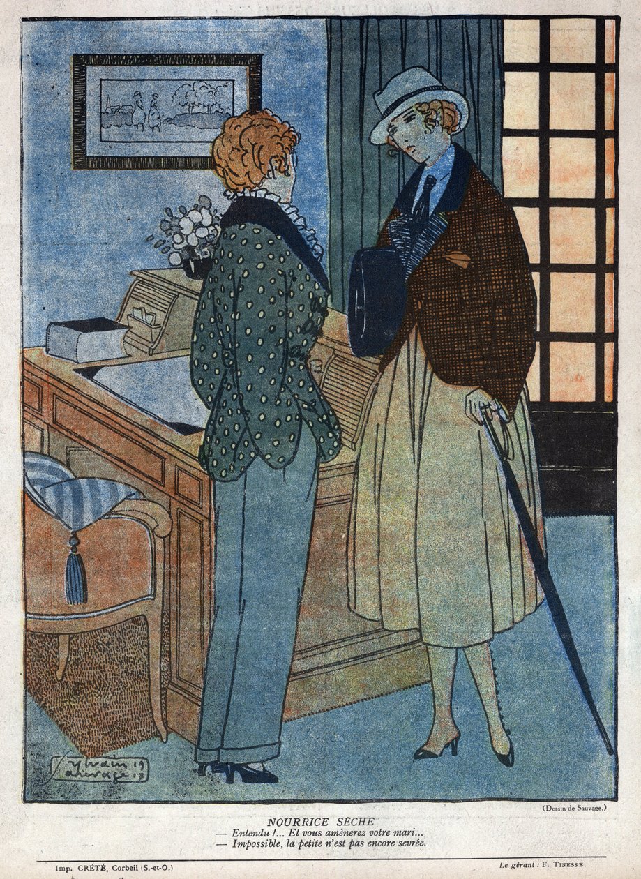 Ilustração de uma cena da peça de teatro "Elles tirera" de Andre Birabeau (1890-1974) e Marcel Hervieu em "La baionnette" número 124 de 15 de Novembro de Sylvain Sauvage