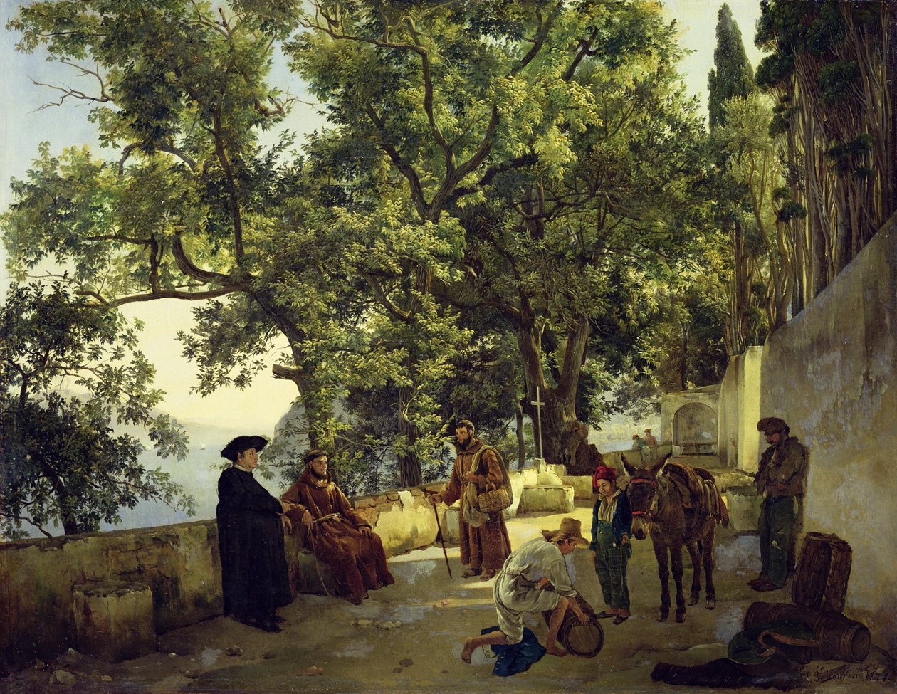 Varanda ao lado da costa do mar, Monges Cappucin nos subúrbios de Sorrento, 1827 de Sylvester F. Shedrin