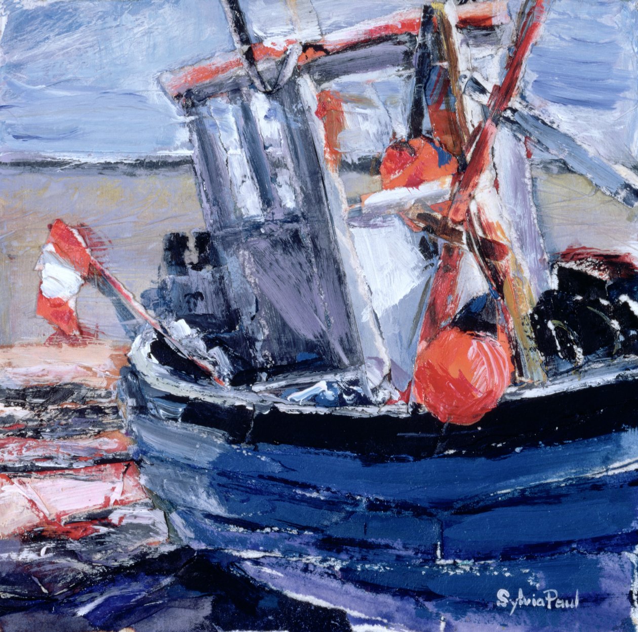 Barco, com, vermelho, bóia, (mixed, mídia, e, colagem, ligado, paper) de Sylvia Paul