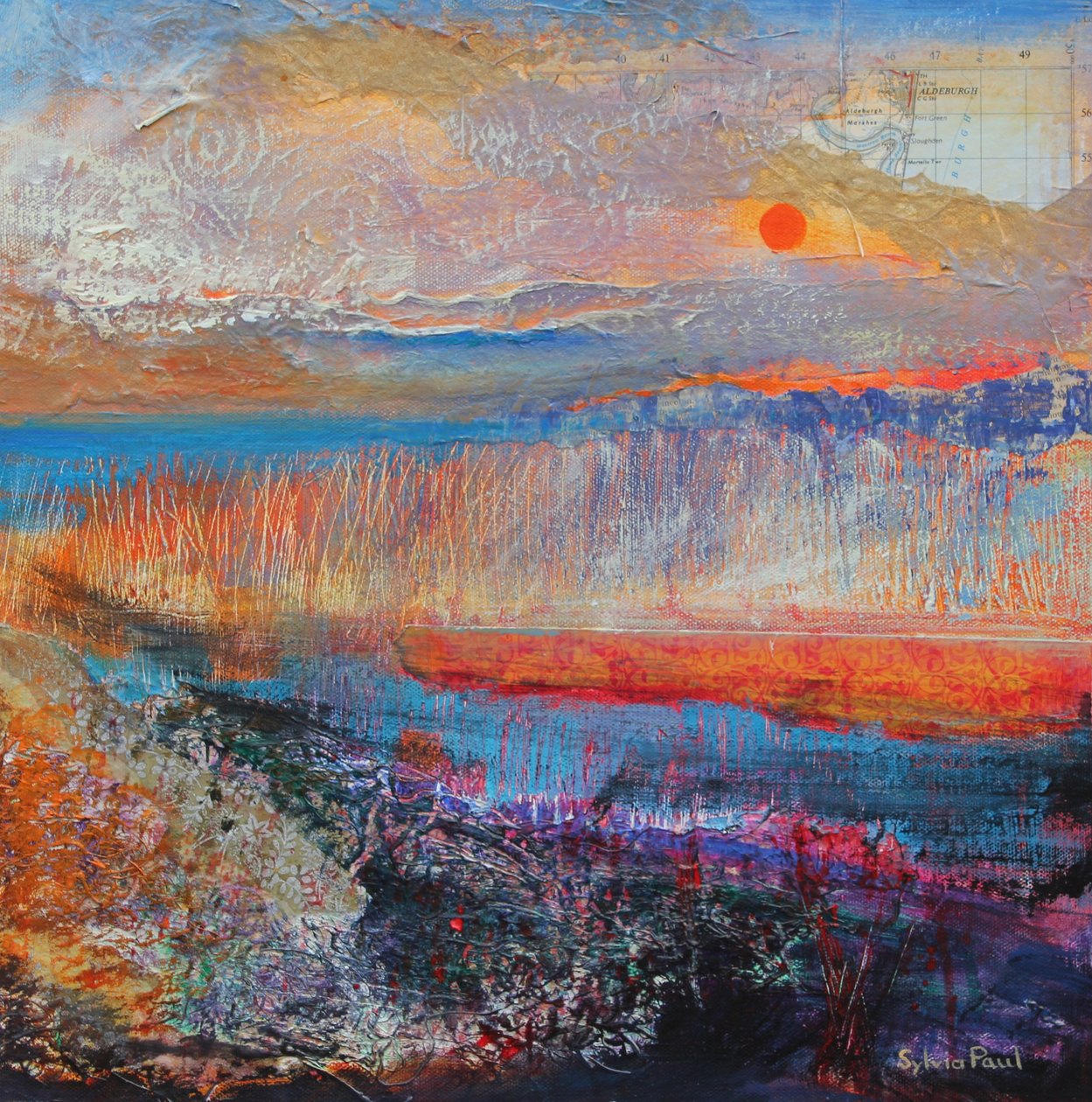 Marsh Sunset 2013, colagem de acrílico de Sylvia Paul