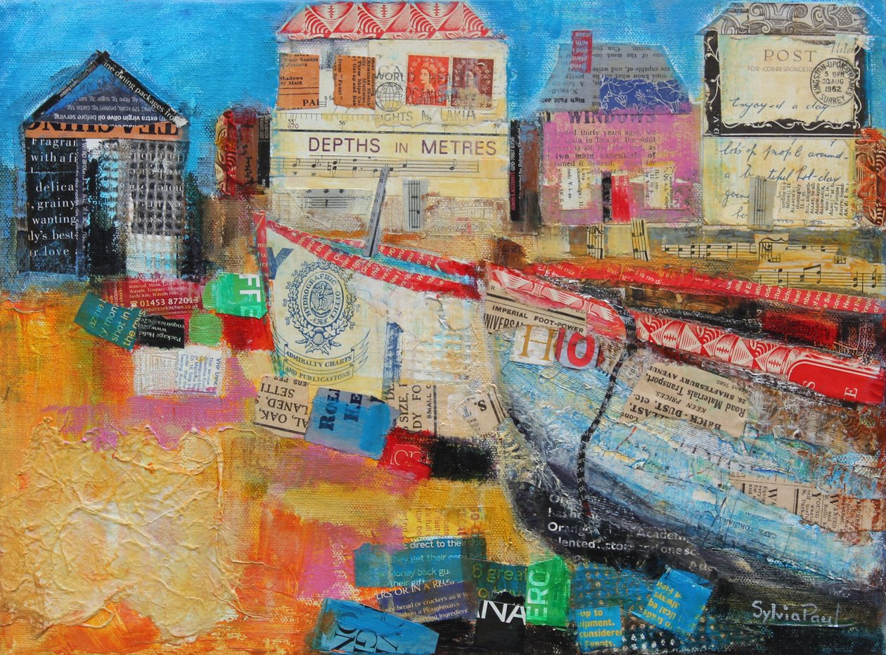 Velhos barcos de pesca; 2013, colagem de acrílico de Sylvia Paul
