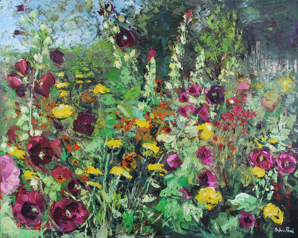 Hollyhock Garden, 2021 (óleo sobre tela) de Sylvia Paul