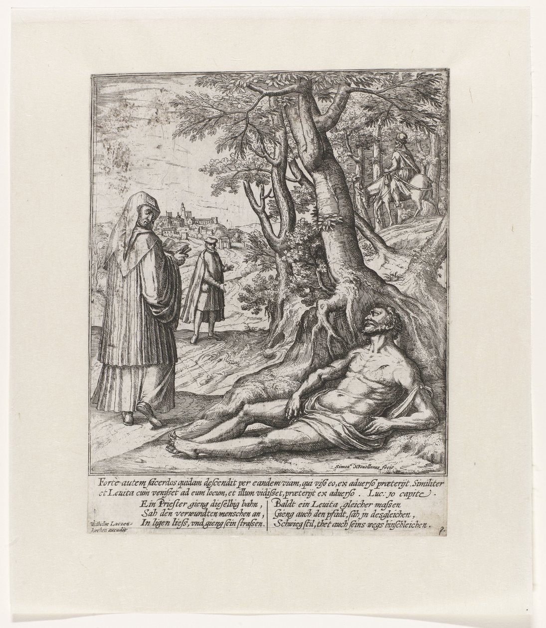 Um padre e um levita passam e deixam o viajante ferido deitado
Parábola do Bom Samaritano (título da série) de Symon Novelanus