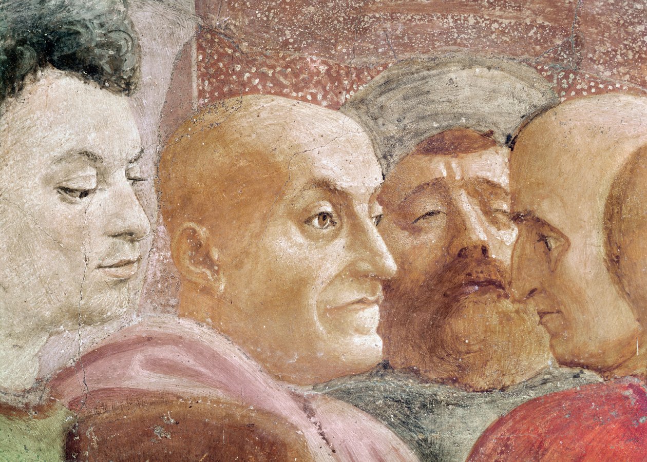 Detalhe dos chefes de homens à esquerda do imperador, do levantamento do Filho de Teófilo e São Pedro, entronizado como primeiro bispo de Antioquia, c.1427 e c.1484-85 (detalhe de 63302) de Tommaso Masaccio