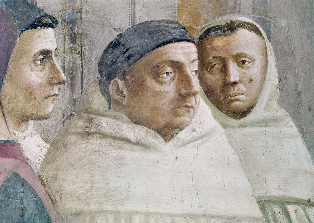 Detalhe de dois monges, do Raising do Filho de Theophilus, e St. Peter entronizado como primeiro bispo de Antioquia, c.1427 e c.1484-85 (detalhe de 63302) de Tommaso Masaccio