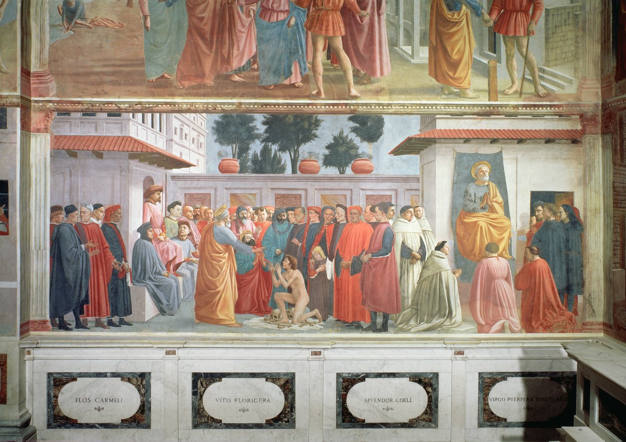 A criação do filho de Teófilo, o rei de Antioquia e São Pedro, entronizado como primeiro bispo de Antioquia, c. 1427 e c. de Tommaso Masaccio