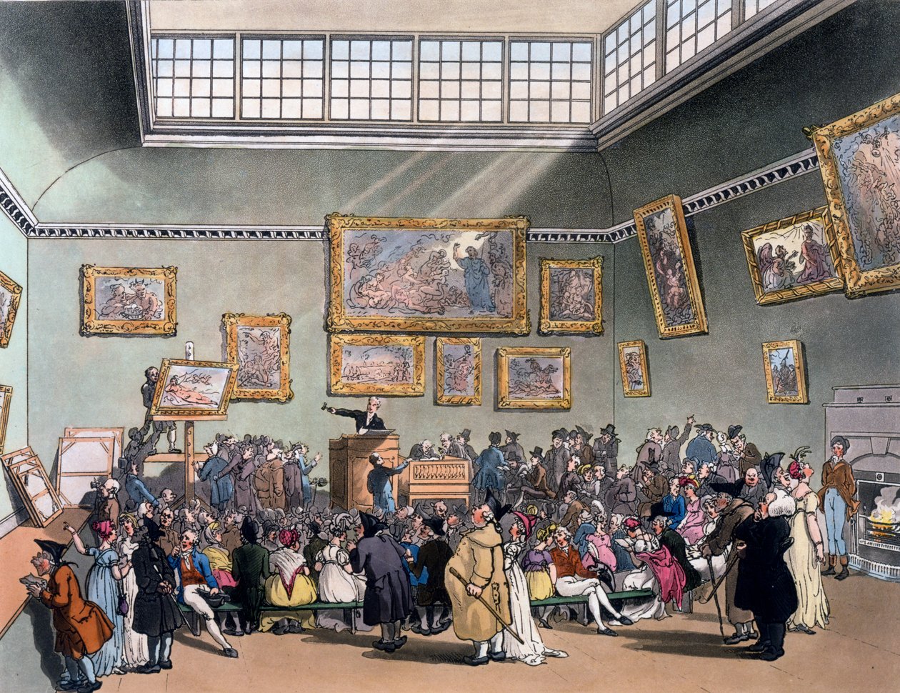 Christie&39;s Auction Room, ilustração de "Microcosm of London", de R. Ackermann, 1808 de Pugin and Rowlandson