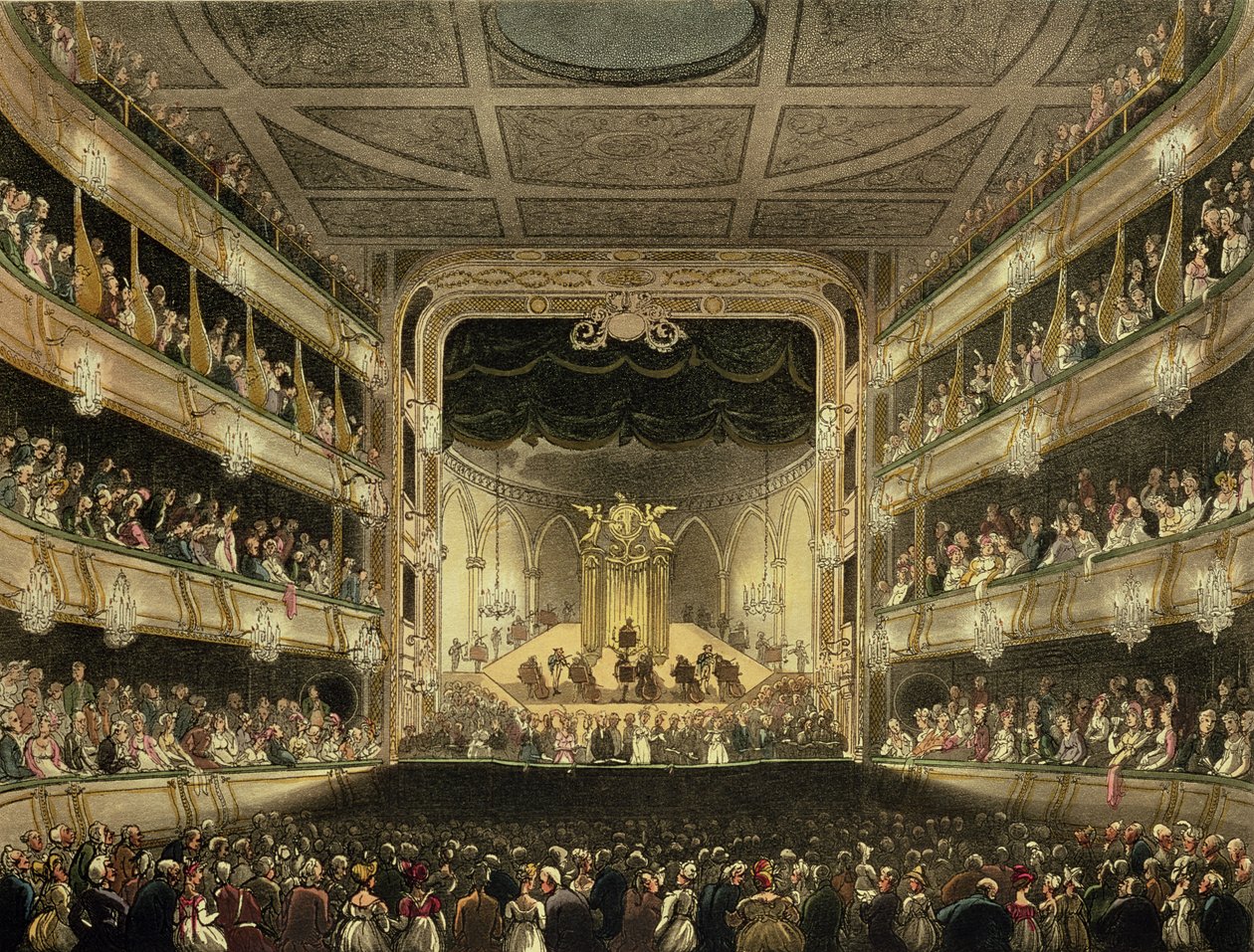 Covent Garden Theatre, 1808, do "Microcosmo de Londres de Ackermann", gravado por J. Bluck (fl.1791-1831) (aquatint) de Pugin and Rowlandson