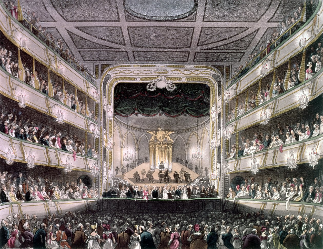 Covent Garden Theatre, 1808, do "Microcosmo de Londres de Ackermann", gravado por J. Bluck (fl.1791-1831) (aquatint) de Pugin and Rowlandson