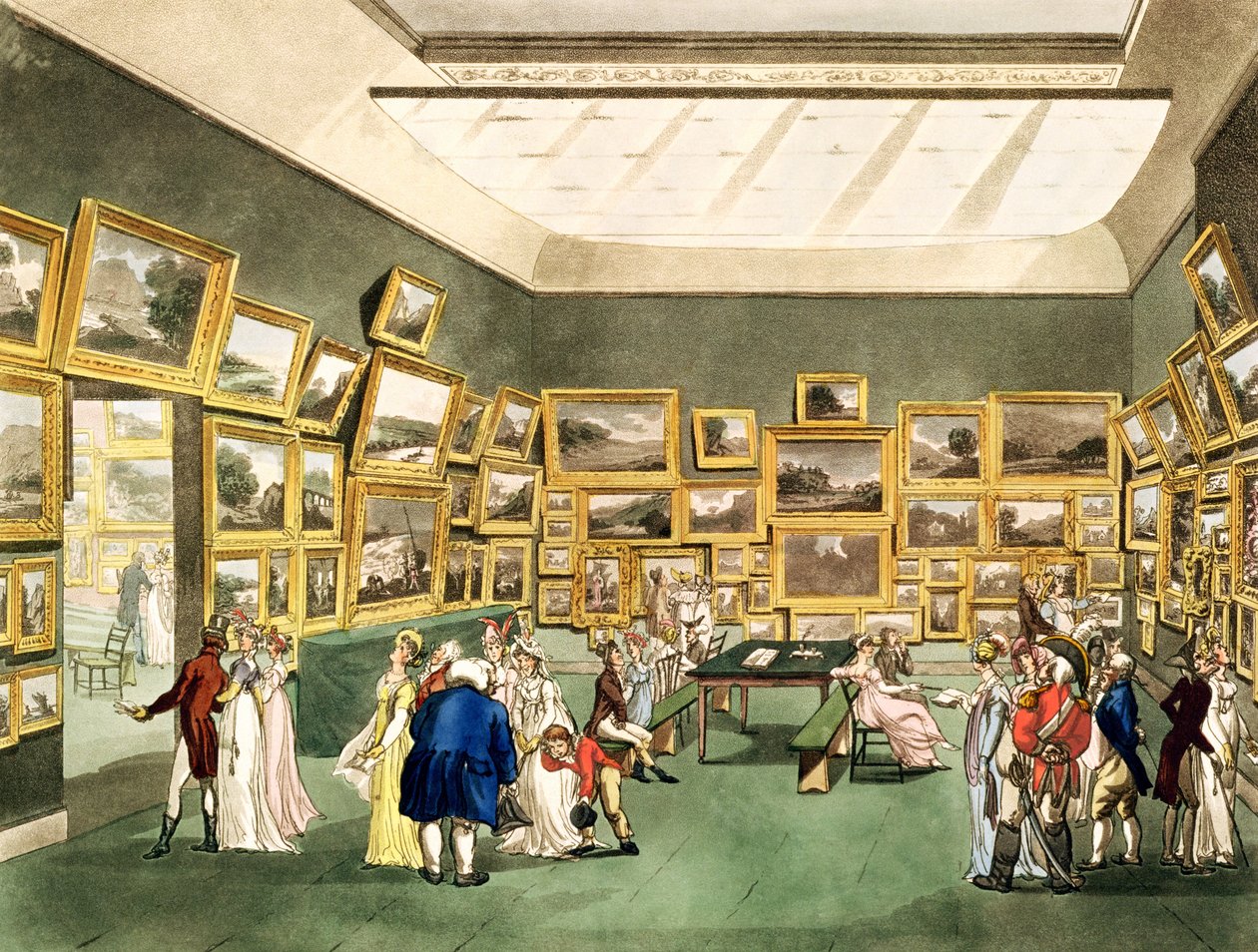 Exposição de desenhos a aguarelas da Sociedade dos Pintores em Aquarelas, de "O Microcosmo de Londres", gravada por JC Stadler (fl.1780-1812), pub. por R. Ackermann (1764-1831) 1808 (aquati de Pugin and Rowlandson