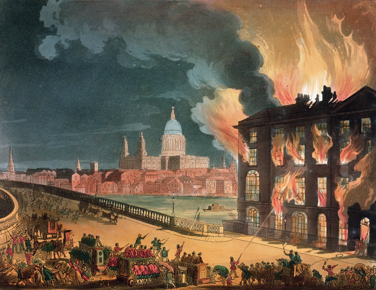 Incêndio em Albion Mill, Blackfriars Bridge, do "Microcosmo de Londres" de Ackermann c.1808-11 de Pugin and Rowlandson