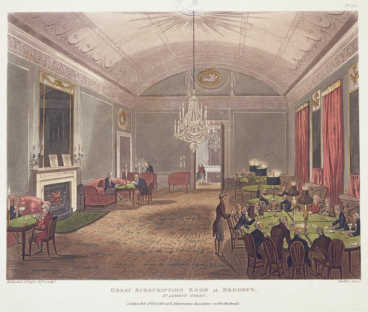 Grande sala de assinatura no Brooks, St. James&39;s, gravada por Stadler, do Microcosmo de Londres de Ackermann (aquatinta colorida) de Pugin and Rowlandson