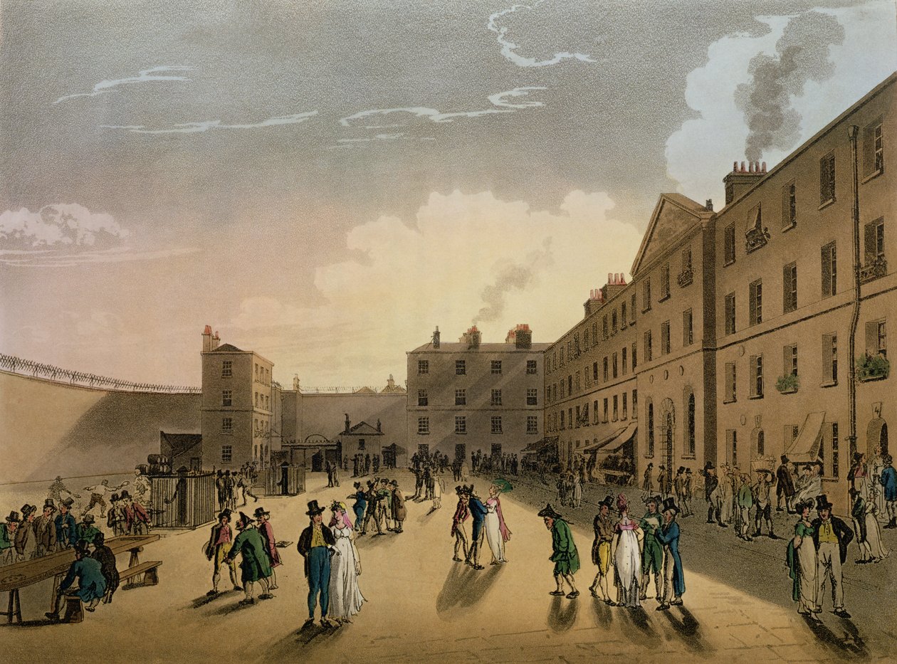 Prisão do Banco do Rei (exterior), do Microcosmo de Londres de Ackermann de Pugin and Rowlandson